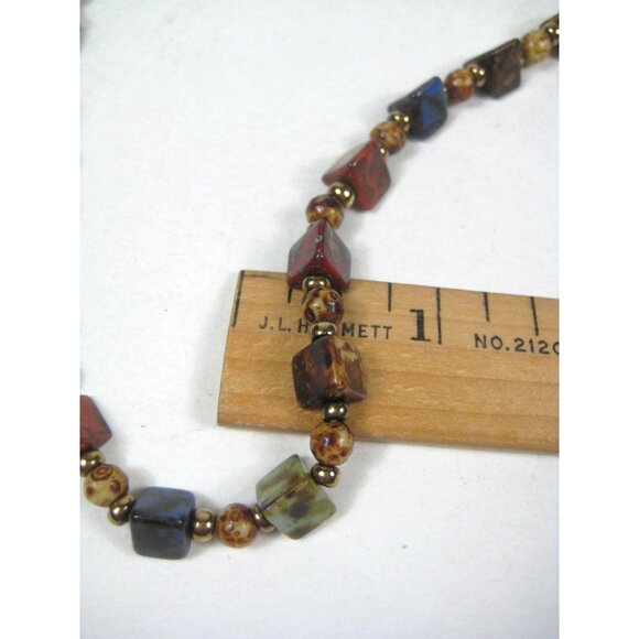Scottish Speckle Glass Beaded Necklace 18 In Beads FAUX Agate Goldtone - Picture 3 of 9